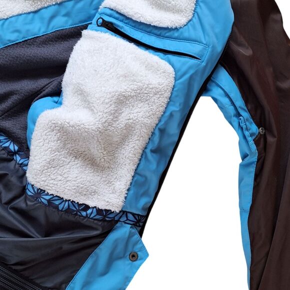 Columbia Women’s Convert Boardwear Snowboard Ski Jacket Brown Blue Snap Hood Med - Picture 13 of 16